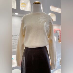 Vintage 80s Cream Wool & Angora Sweater with Geometric Embellishments